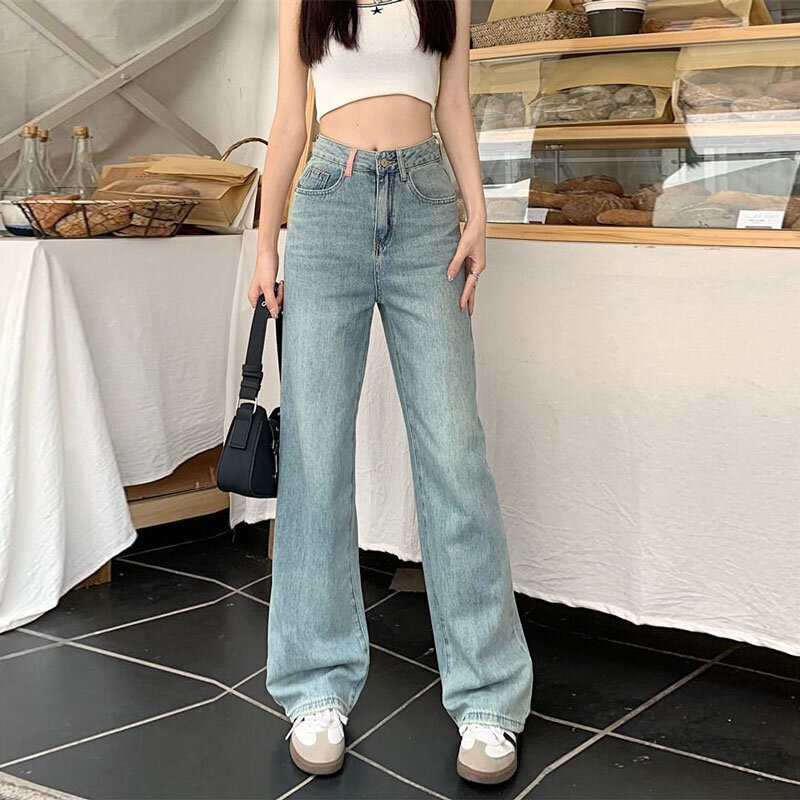 Kantong bordir rumbai jeans ukuran besar fat mm tinggi pinggang lurus berkaki lebar pir tubuh berbentuk celana tarik wanita