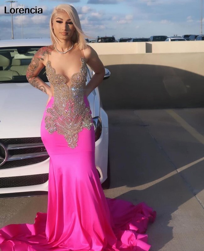Lorencia Pink Rhinestones Prom Dress African Slay Queen Dress For Blackgirl Silver Beaded Crystal Formal Party Gala Gown YPD109
