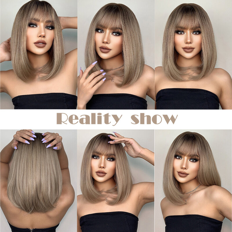Short Straight Bob Wigs with Bangs Golden Brown Natural Synthetic Hair for Women Daily Cosplay Heat Resistant Fiber