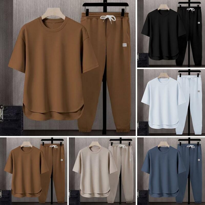 Men Exercise Clothing Set Men's Summer Sport Outfit Set O-neck Short Sleeve T-shirt Wide Leg Sweatpants with for Active