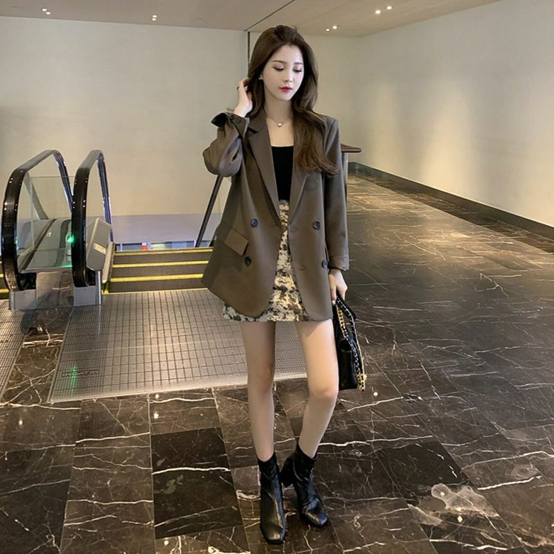 Blazer kantor wanita, setelan lengan panjang gaya Korea Chic mantel saku jaket hitam Blazer pakaian jalanan baru