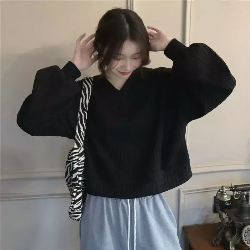 Retro feminino listrado de malha com decote em v camisa de fundo topo coreano solto manga longa curto topo 2022 outono novo casual topo feminino