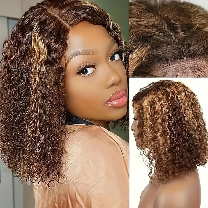 Peluca de cabello humano rizado para mujer, postizo de encaje Frontal 13x4, color rubio miel degradado