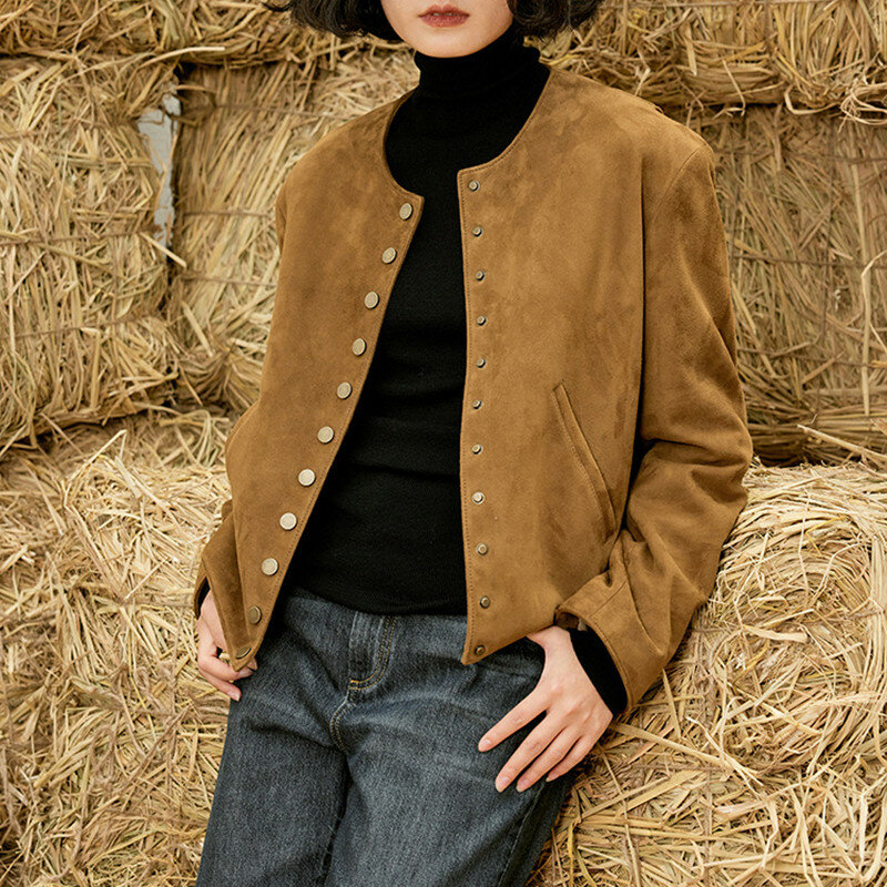 Jaket kulit domba asli wanita gaya baru 2023 jaket kasual kerah bulat berkancing sebaris lengan panjang Suede