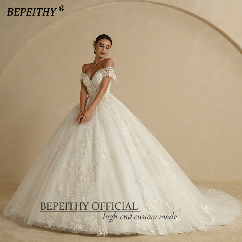BEPEITHY-오프 숄더 레이스 웨딩 드레스, 2022 여성용 민소매 빈티지 시니 글리터 신부 볼 가운