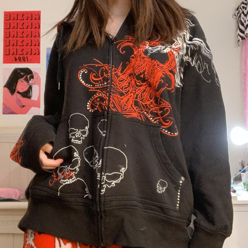 Dourbesty vintage gothic grunge schädel print zip up hoodies dunkle akademie harajuku sweatshirts autunm ästhetische mantel tops y2k