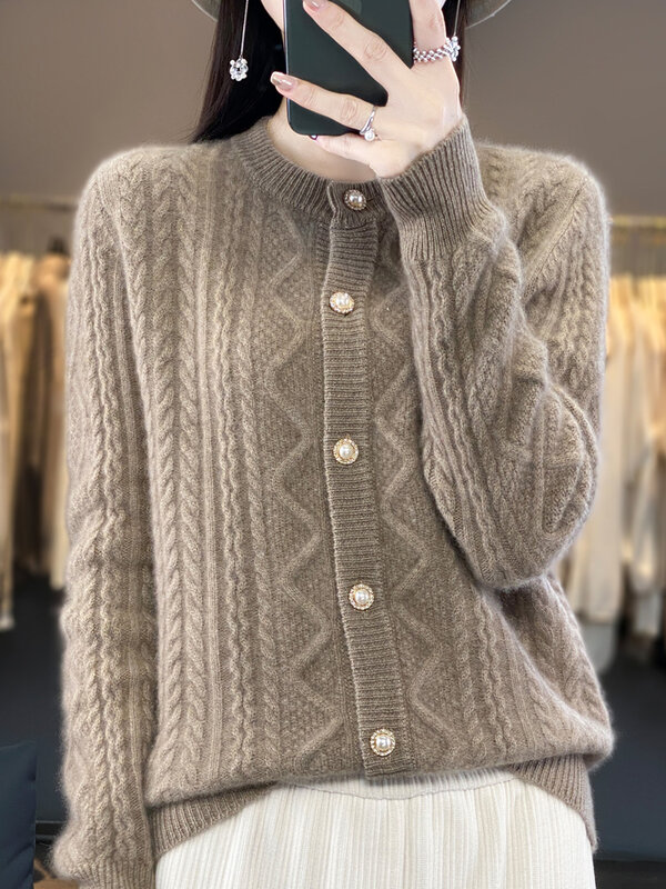 Sweater lengan panjang leher O wanita, atasan kardigan kasmir hangat lembut wol Merino 100% untuk perempuan