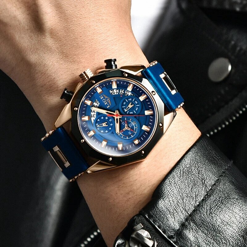 LIGE jam tangan kronograf pria, arloji olahraga silikon Quartz tanggal tahan air untuk lelaki