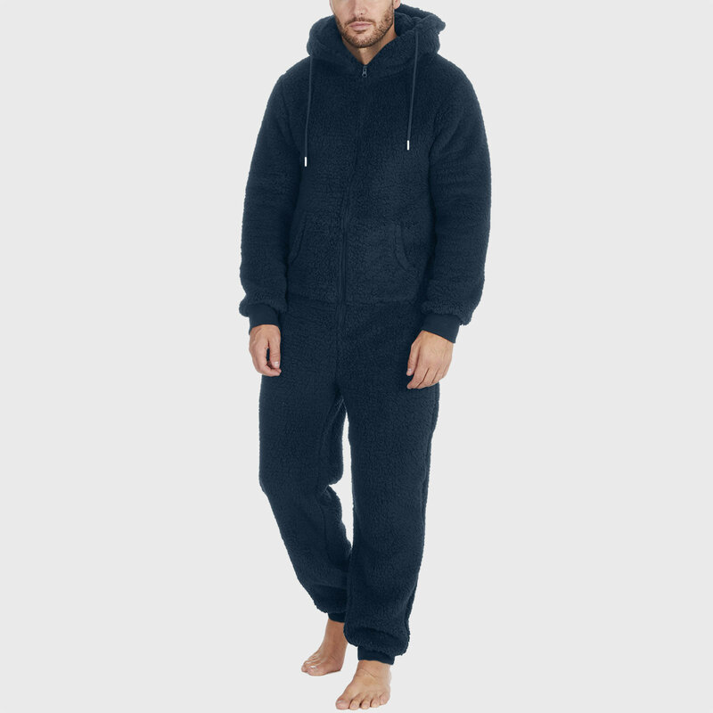 Tuta pigiama invernale da uomo in lana artificiale pigiama a maniche lunghe con cappuccio tuta pigiama per uomo tutina calda pigiameria in pile