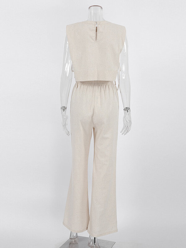 Conjunto de pantalones de lino para mujer, conjunto de 2 piezas a juego, Tops cortos, conjuntos sólidos, primavera y verano, 2023