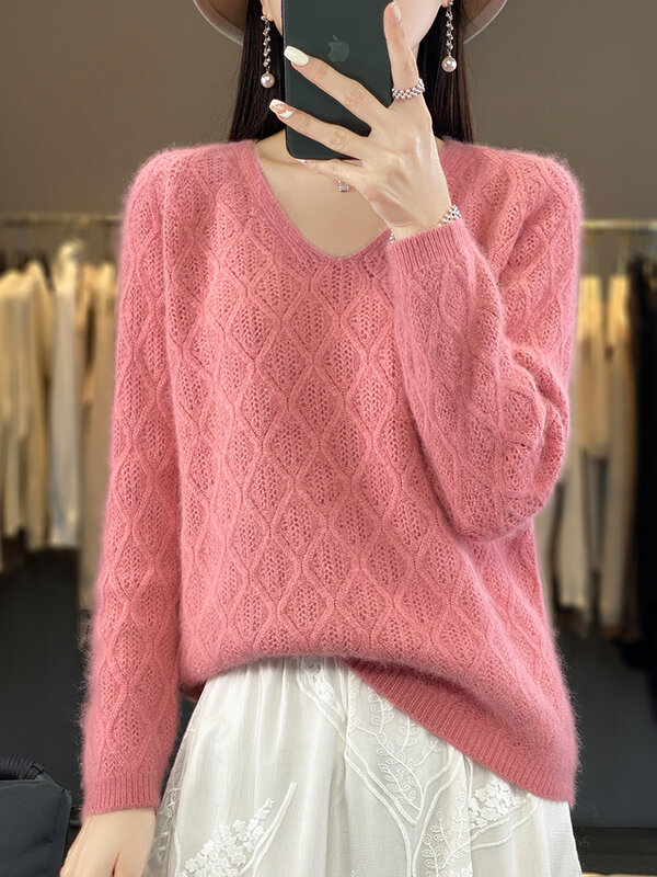 100% Mink Cashmere Sweater Women's V-Neck Pullover Spring Autumn New Knitted Top Long Sleeve Jumper Loose Hollow Korean Clothing