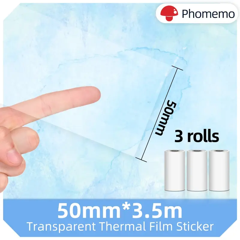 Phomemo, 3 рулона, 50 мм * 3,5 м, черная на прозрачной самоклеющейся термобумаге, не содержит Бисфенол А, стикер для серии M02 Mini портативный принтер