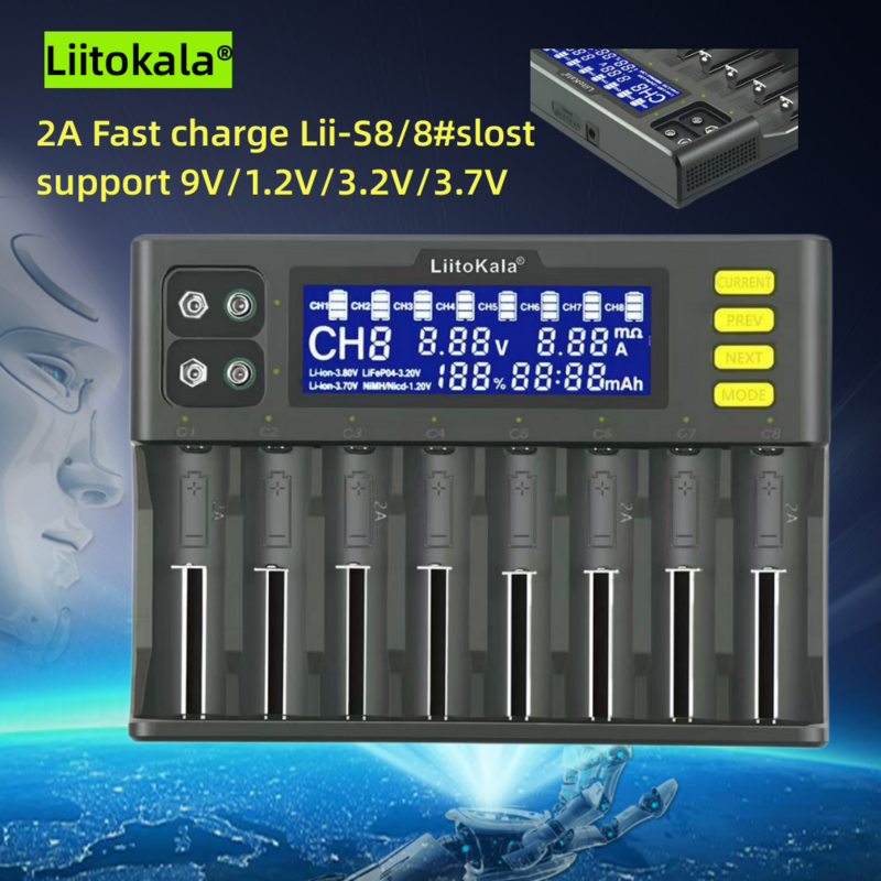 LiitoKala-Carregador de bateria do leão, Lii-S12, 12-Slot, S8-Slot, 18650, 20700, 26650, 21700, 14500, 10440, 16340, 1.2V, 3.7V, 4.2V