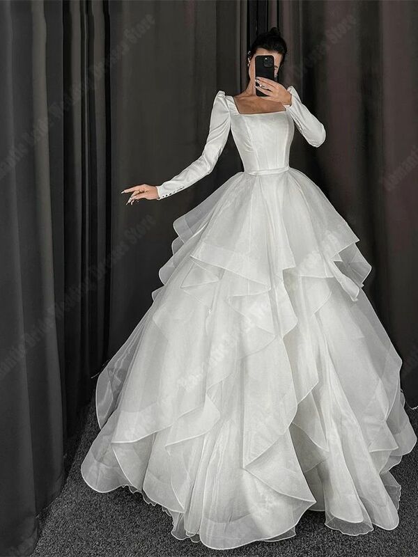 Luxury Square Neck Women Wedding Dresses Bright Tulle Bridal Gowns Mopping Length Long Sleeves Princess Vestidos De Novias 2024
