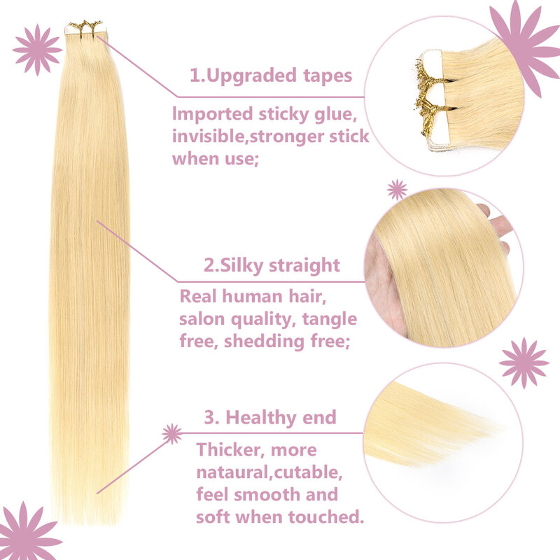 Tape In Hair Extensions Blonde Real Human Hair 22inches 20pcs 50g/pack Straight Seamless Skin Weft Tape In Human Hair Extensions