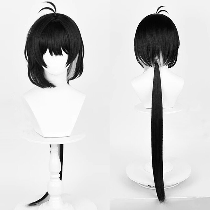 Long Straight Blend Black Grey Synthetic Wig with Bangs Fluffy Jellyfish Head Game Cosplay Hair Wig for Party