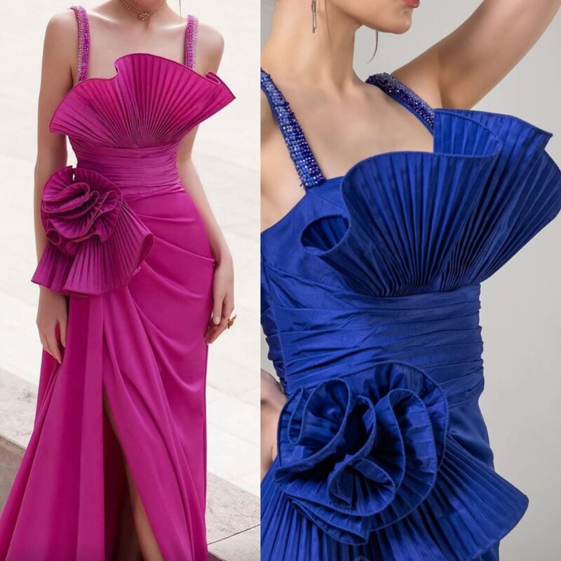 Jersey Pleat Flower Formal Evening A-line Spaghetti Strap Bespoke Occasion Gown Long Dresses