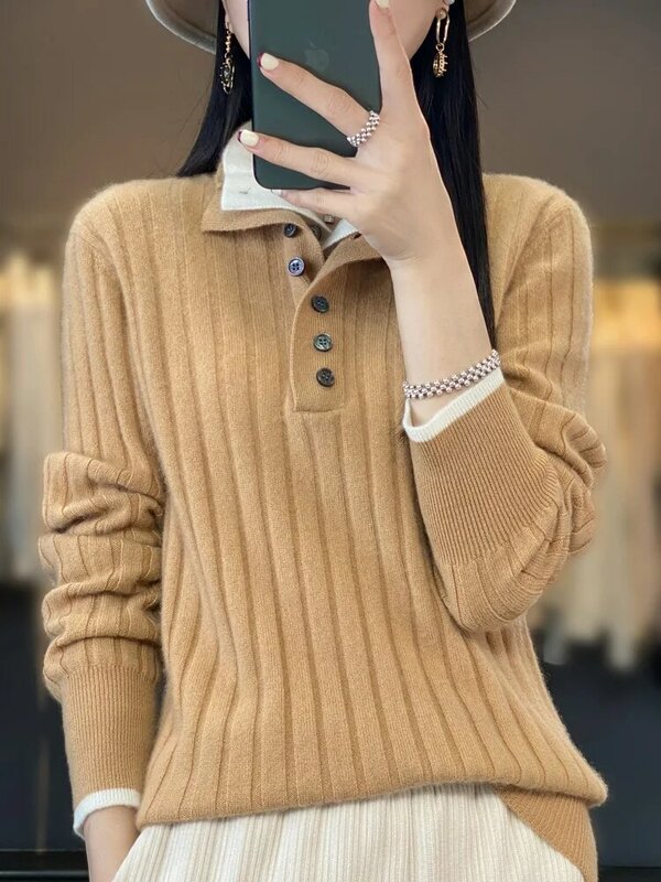 High Quality Women Autumn Winter Casual Turn-down Collar Pullover Sweater 100% Merino Wool Thickened Warm Cashmere Knitwear Top