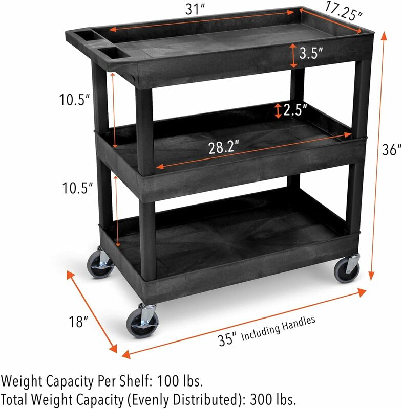 Carrinho de serviço plástico para escritórios, 3 Shelf Utility Push Cart, suporta até 300 lbs, constante