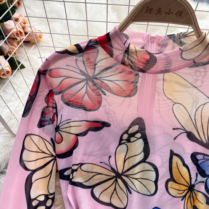 Женское треугольное боди с принтом бабочки, модное сексуальное прозрачное цельное боди с длинным рукавом и принтом, нижняя рубашка, бесплатная доставка