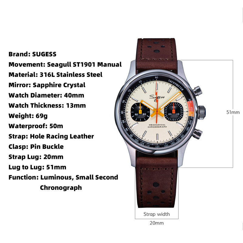 Sugess-Montre-bracelet chronographe mécanique pour homme, SeaghydrST19, mouvement à col de cygne, pilote, saphir, cristal, course V2, nouveau