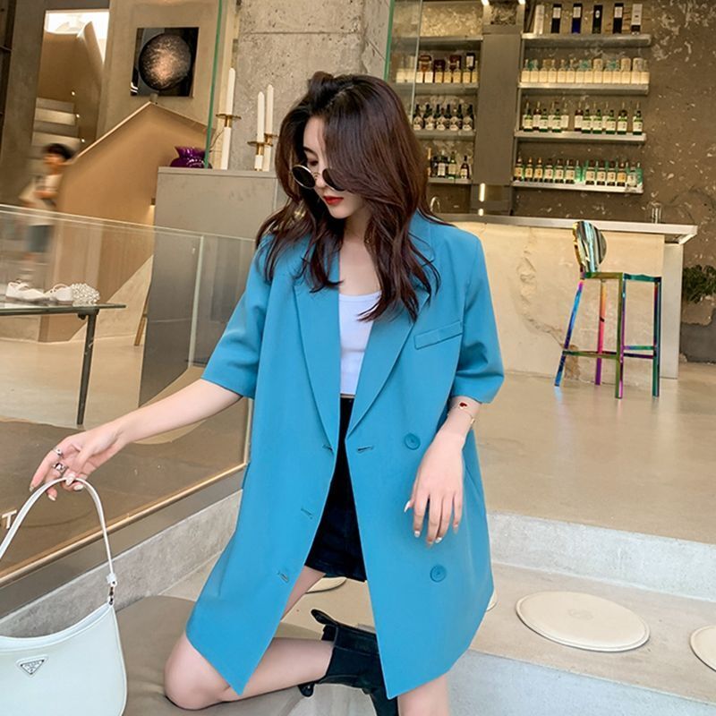 Women`s Short Sleeve Suit Summer Casual Jackets Blazer Oversized Outerwear Overcoat Blue Green Women Tops Coat Office Lady Wear
