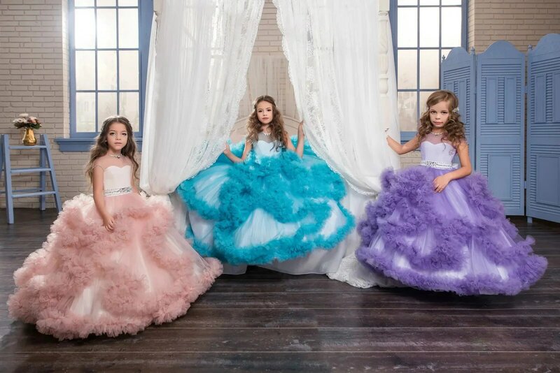 فستان زهور رقيق الطبقات مع قوس للفتيات ، مطرز بالتول ، منفوش ، فاخر ، أول ، بخارستي ، حفلة عيد ميلاد ، زفاف