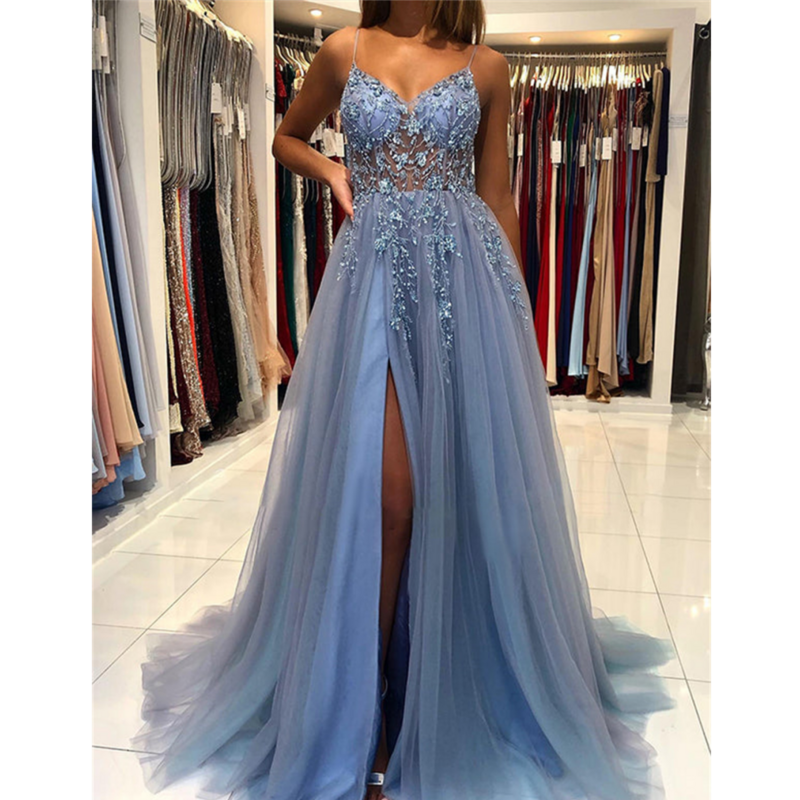 Sequins Blue Tulle Prom Dress A-Line Spaghetti Strap Sexy V-Neck Side Split Vestido De Novia Deep Sleeveless 2023 Prom Gown