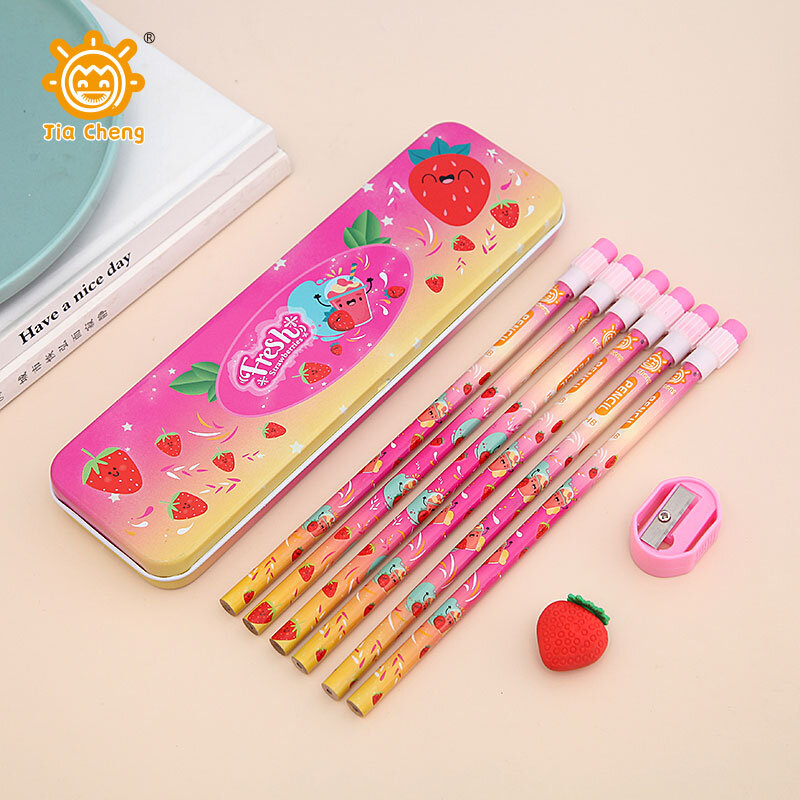 مجموعة أدوات قرطاسية للأطفال ، صندوق واحد ، 6 أقلام رصاص ، 1 مطاط و 1 قابض