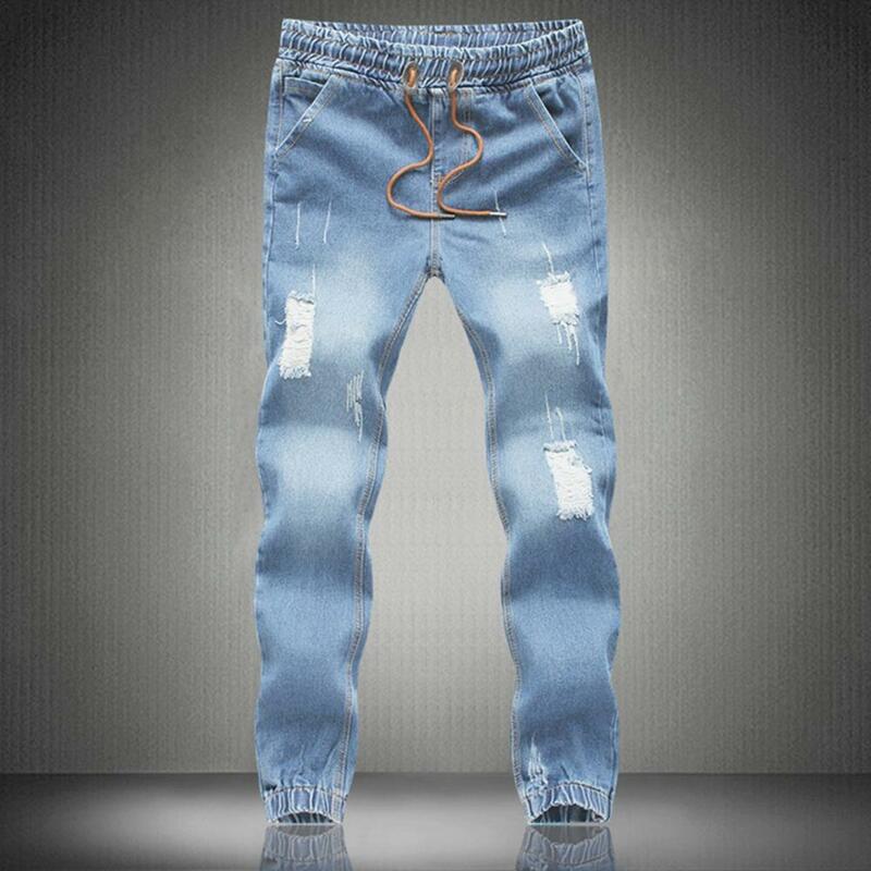 Męskie porwane jeansy kieszonki klasyczne luksusowe niebieskie dżinsy Slim Fit rozciągliwe spodnie obcisłe dżinsy rurki ołówkowe spodnie Streetwear