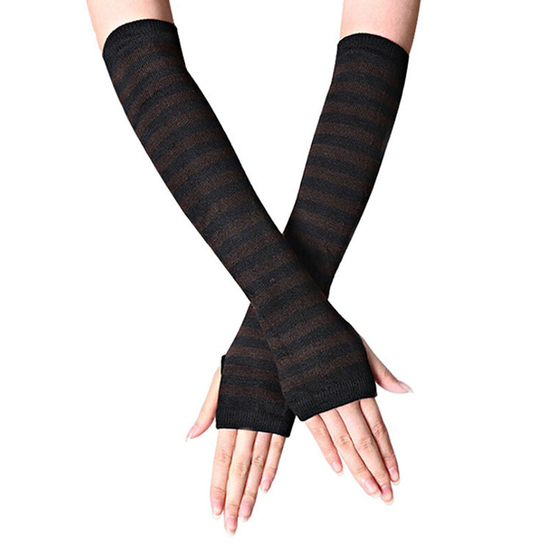 1pair New Pink Black And White Striped Fingerless Elbow Gloves Long Glove Arm Cover Classic Warmer Knitted Wristband