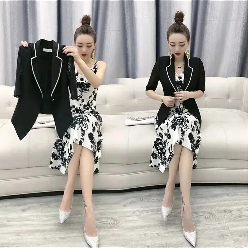 Small Suit Jacket Woman Spring/Summer 2023 New Fashion Casual Temperament Zebra Strap Dress Two-piece Dress Female M-4XL