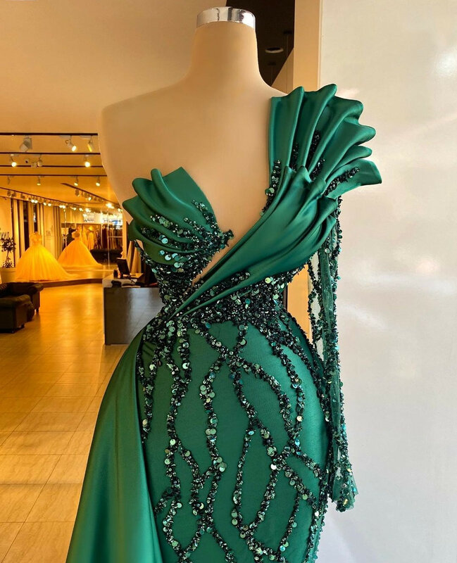 Verde esmeralda senhoras luxo lantejoula sereia vestido de noite um ombro manga lantejoula festa vestido cetim babado celebridade personalizada