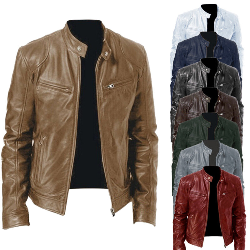 Мужская мотоциклетная кожаная куртка, облегающее короткое пальто из искусственной кожи с лацканами, осенняя новая ветрозащитная кожаная куртка на молнии и с воротником-стойкой, мужская одежда
