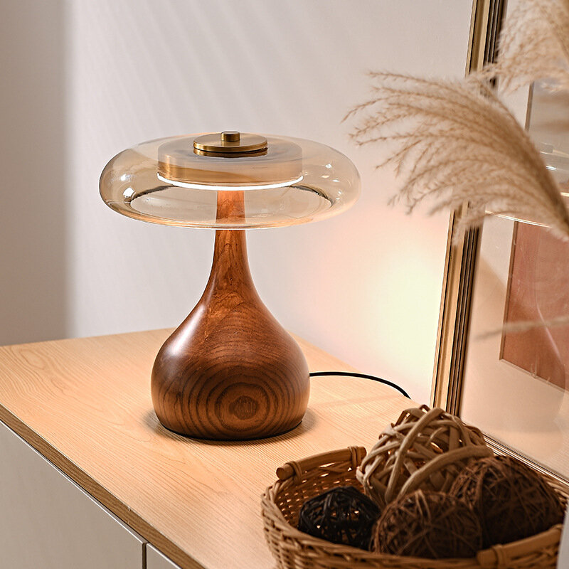 Lámpara LED de escritorio de cobre de lujo, luz de noche de vidrio de madera de diseñador para mesita de noche, dormitorio, arte del hogar, mesa de seta decorativa, 12W