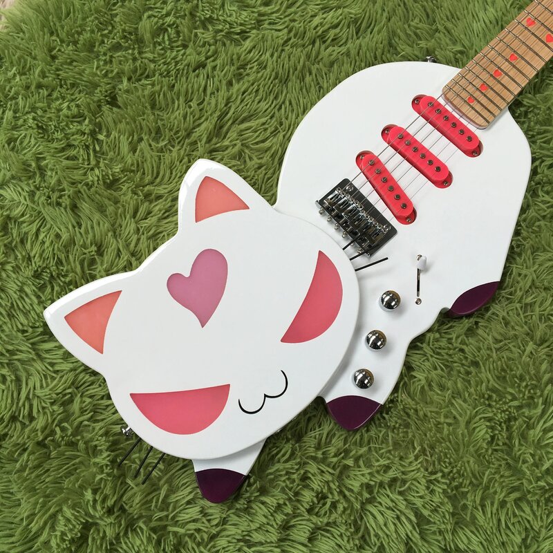 Guitarra eléctrica de gato blanco de 6 cuerdas, hardware cromado, en stock, envío inmediato