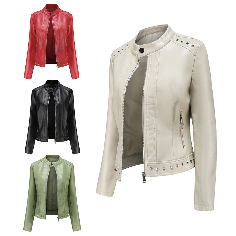 Jaket kulit kerah berdiri fashion rivet baru pakaian wanita s s-5xl warna solid jaket santai wanita jaket musim semi dan musim gugur 2024