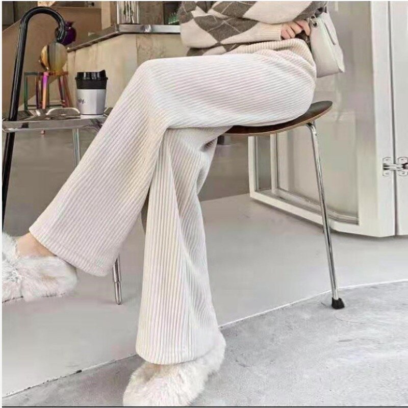 Calça interior comprida de lã feminina, cintura alta, perna larga, calça feminina grossa, reta, casual, outono, inverno, Y2k