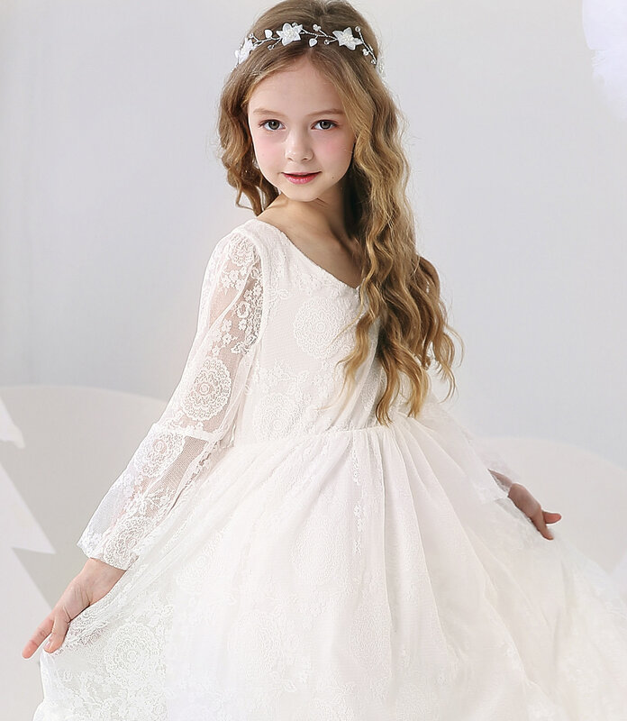 2-12 Year Flower Girl Dresses White Beige Long Sleeve Summer Dress Communion Toddler Kids Christening Wedding Bridesmaid Clothes