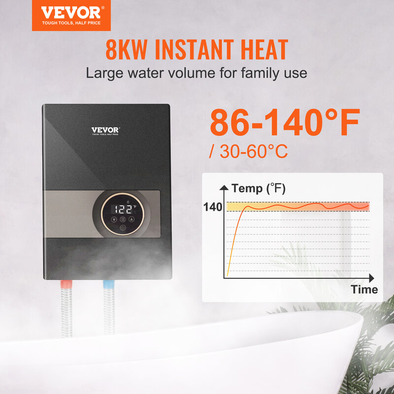Мгновенный водонагреватель VEVOR, 8 кВт, водонагреватель без резервуара, Цифровой температурный дисплей для кухни, ванной, душа, шампуня для салона