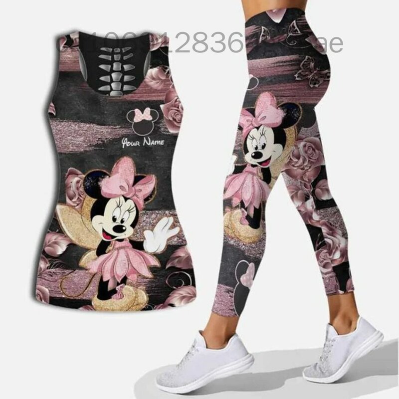 Disney Mickey Mouse rompi berongga wanita, setelan Yoga dan Legging untuk olahraga, Set Legging Tank Top Disney, setelan Legging untuk wanita
