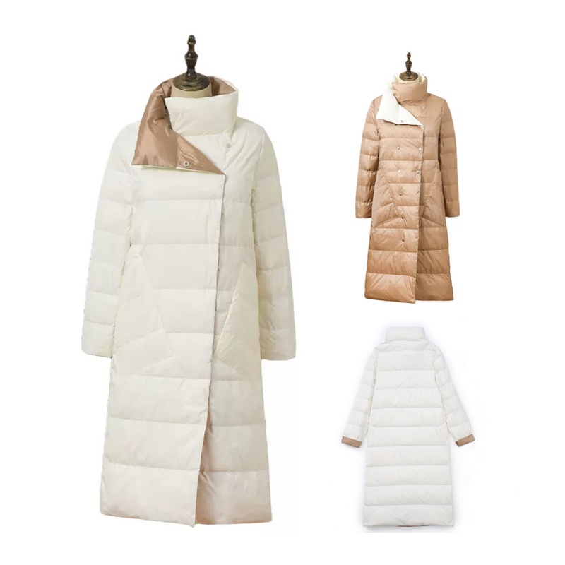 Casaco de pato trespassado para baixo feminino, sobretudo de baiacu longo, parka trespassado duplo, casaco quente feminino, outwear longo, inverno