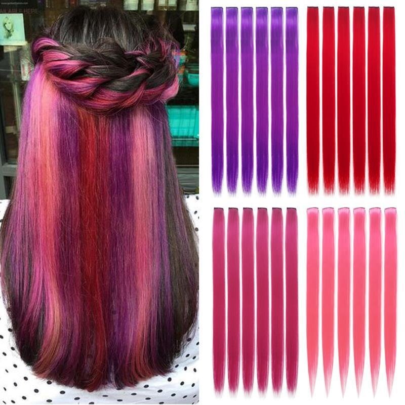 Grampo-em extensões do cabelo, destaque colorido, reto, colorido arco-íris, vermelho, cor-de-rosa, 1 parte, extravagante