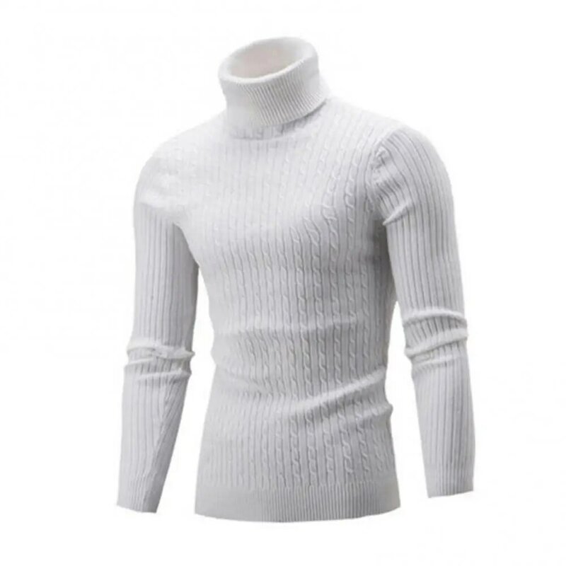 Casual Men Winter Solid Color Neck Long Sleeve Twist Knitted Slim Sweater