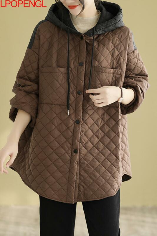 Jesienno-zimowy casualowe w stylu Streetwear płaszcz z kapturem o średniej długości koreański kontrast 2023 nowa kobieta jednolity kolor bawełniana kurtka z długimi rękawami