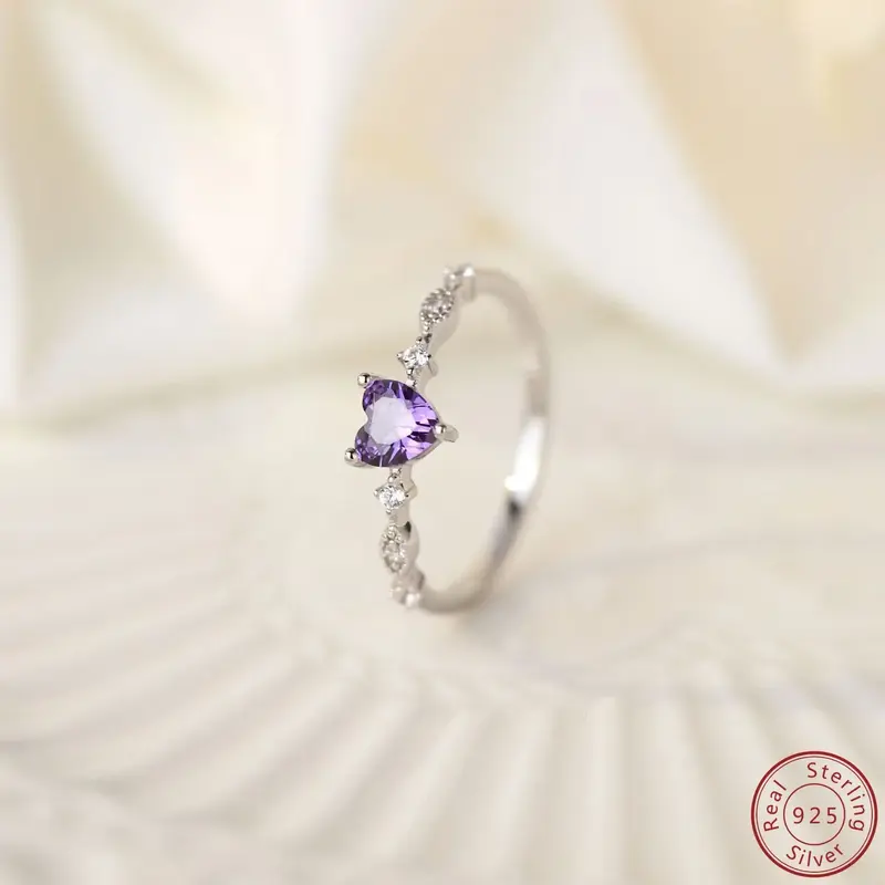 2024 asli baru 100% 925 perak murni cincin bentuk hati ungu cincin pertunangan pribadi desain sederhana cincin wanita
