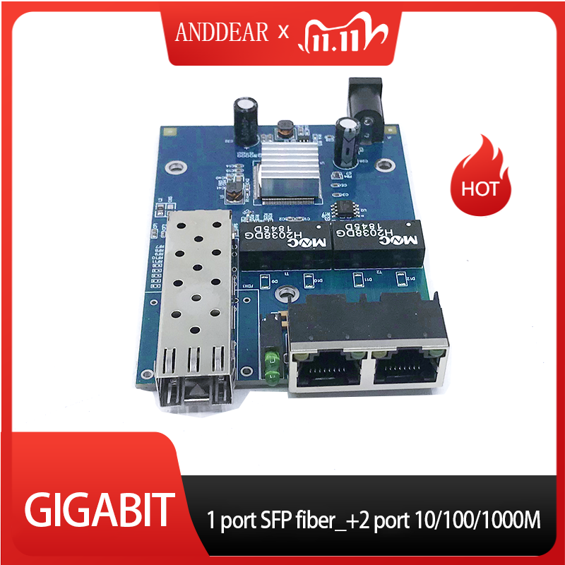 Konverter media Gigabit, 10/100/1000M 1 sfp 2 rj45 gigabit serat optik ethernet switch untuk kamera ip