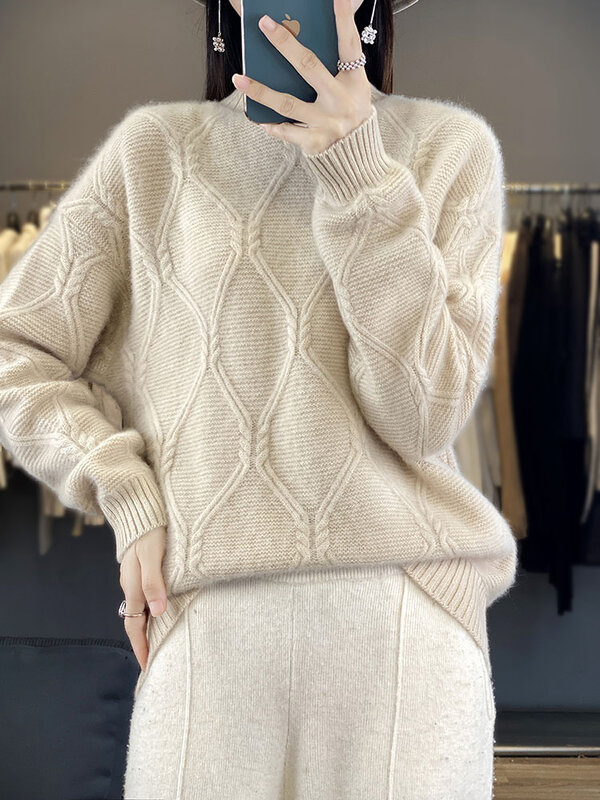 Addonee Women Sweater Autumn Winter Mock Neck Thick Pullover 100% Merino Wool Twist Flower Cashmere Knitted Jumper Korean Style