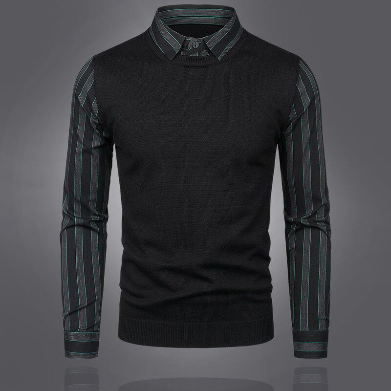 2022 new autumn slim men's youth fake two-piece shirt collar knitted sweater bottoming shirt christmas sweater