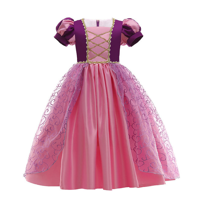 Dziewczynka z krótkimi rękawami fioletowa sukienka księżniczki Sophia sukienka Halloween karnawałowa impreza Cosplay sukienka księżniczki z długimi włosami 3-10 lat